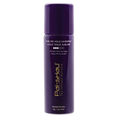 Sublime Hold Hairspray by Pai-Shau in a purple spray can, offering flexible hold and shine for styled hair.