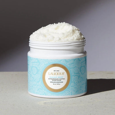 Sugar Reef Sugar Scrub jar with whipped sugar scrub, ideal for exfoliating and hydrating skin, by LALICIOUS.