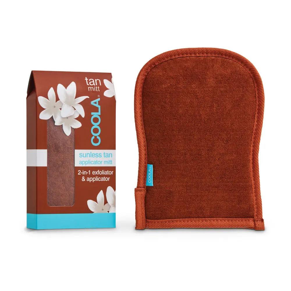 COOLA sunless tan 2-in-1 exfoliator and applicator mitt with packaging, providing a smooth tanning experience.