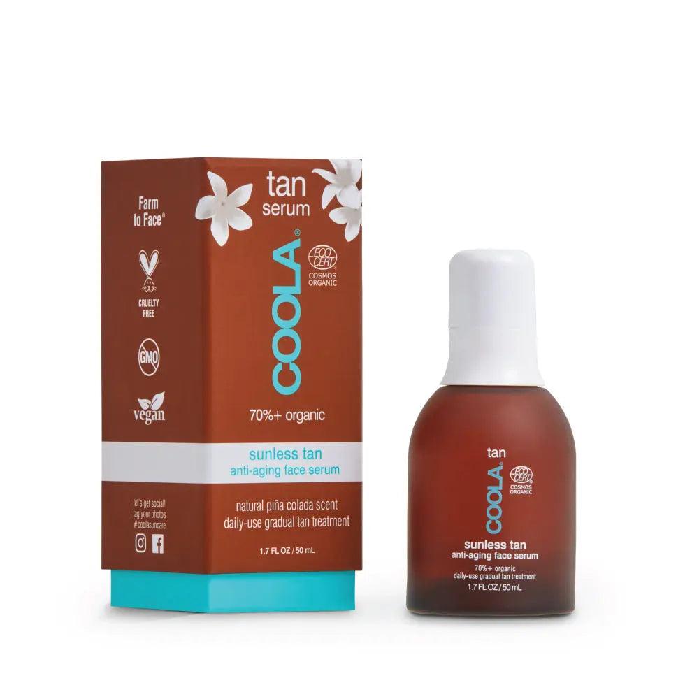 Sunless Tan Anti-Aging Serum by Coola in a box, featuring organic ingredients for a radiant, hydrated glow.