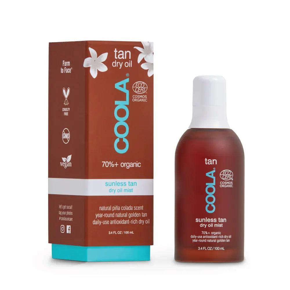 Coola 70%+ organic Sunless Tan Dry Oil Mist packaging and bottle for a natural-looking tan without UV exposure.
