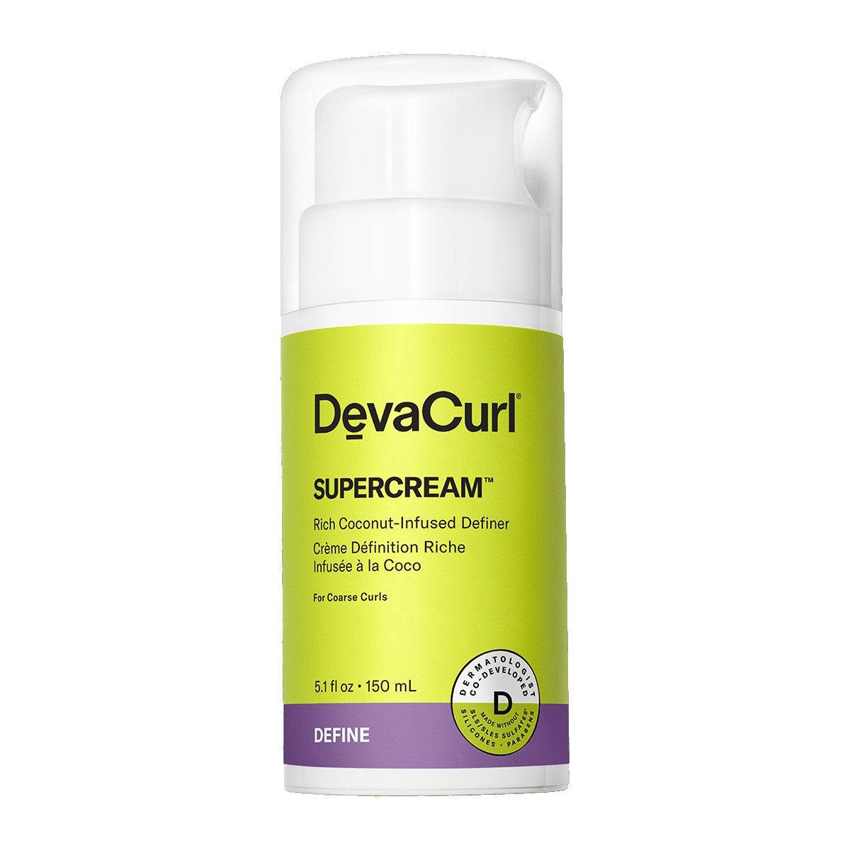 DevaCurl SuperCream Rich Coconut-Infused Definer for coarse curls in a 5.1 oz bottle, promoting curl flexibility and frizz control.