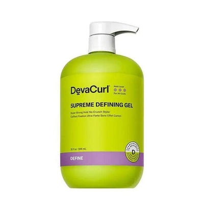 DevaCurl Supreme Defining Gel Super-Strong Hold No-Crunch Styler in a green pump bottle for curly hair definition.