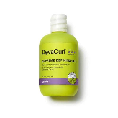 DevaCurl Supreme Defining Gel Super-Strong Hold No-Crunch Styler 12 oz bottle for defined curls and frizz control.
