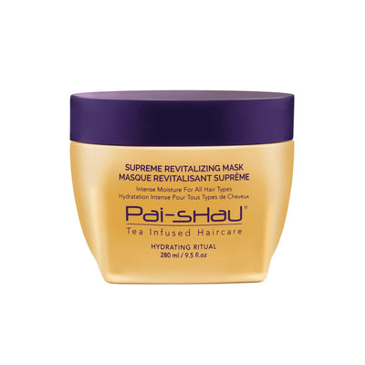 Supreme Revitalizing Mask by Pai-Shau in a gold jar, designed for intense hair hydration and revitalization.