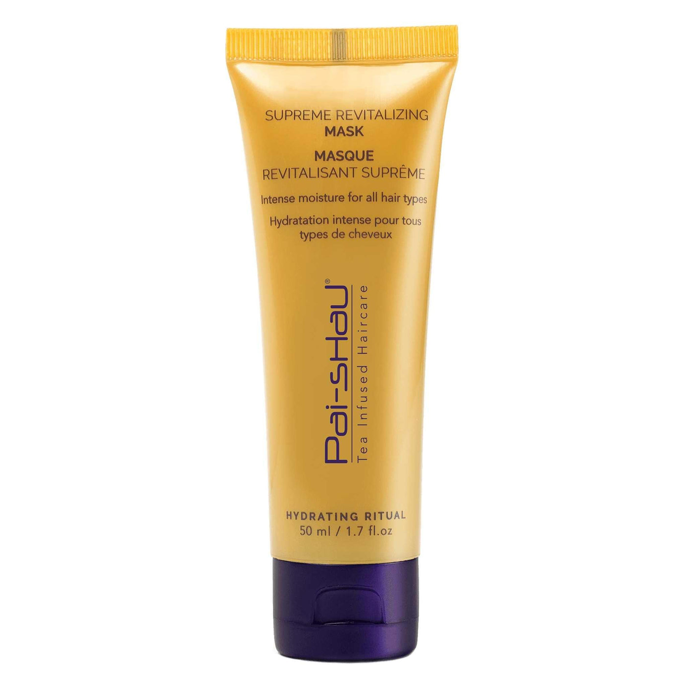 Supreme Revitalizing Mask by Pai-shau in a gold tube, providing moisture and volume for healthy, shiny hair.