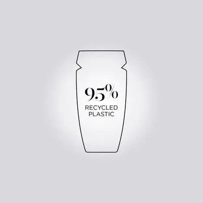 Illustration of a shampoo bottle made from 95% recycled plastic, promoting eco-friendly packaging.