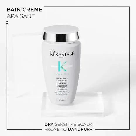 Bain Crème Apaisant by Kérastase for sensitive scalps prone to dandruff, 250ml moisturizing shampoo.