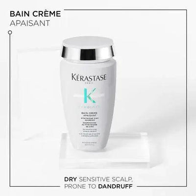 Bain Crème Apaisant by Kérastase for sensitive scalps prone to dandruff, 250ml moisturizing shampoo.