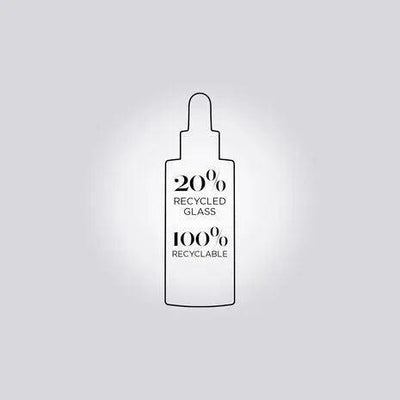 Bottle design with text showing 20% recycled glass and 100% recyclable material details.