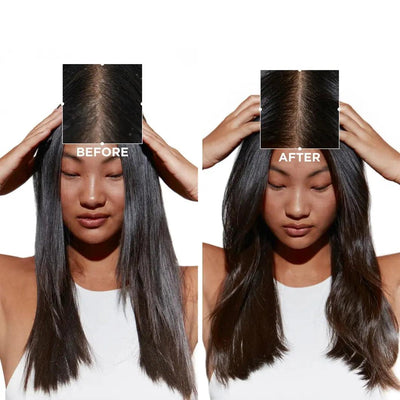 Before and after results of hair rejuvenation using Symbiose Sérum Nuit Intensif on healthy, revitalized hair.