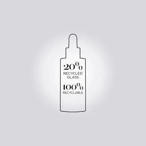 Sleek serum bottle design with labels indicating 20% recycled glass and 100% recyclable materials.