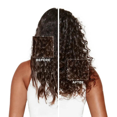 Before and after results showing revitalized curls from using Symbiose Sérum Nuit Intensif for damaged hair.