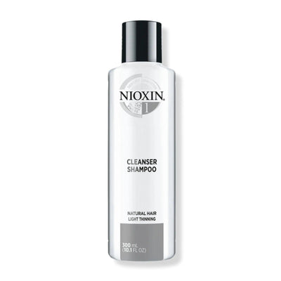Nioxin Cleanser Shampoo System 1 for fine, thin hair, detoxifying formula for natural hair, 300 ml bottle.