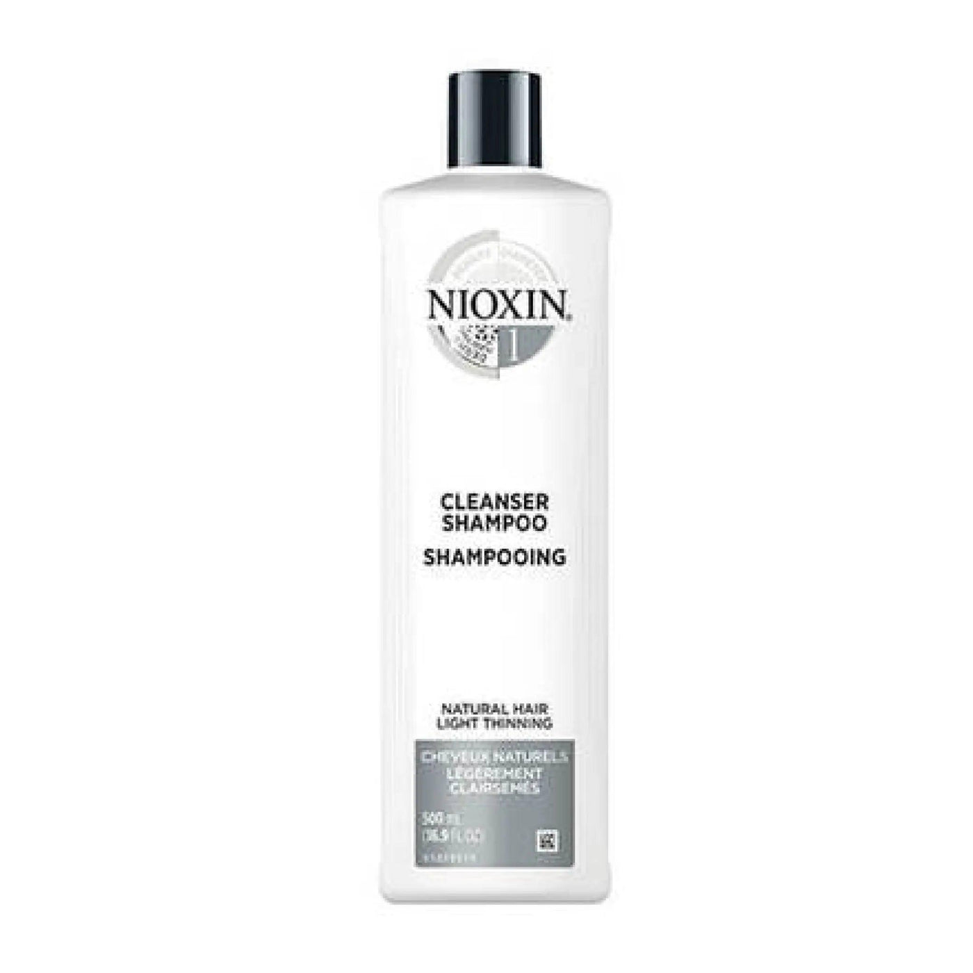 Nioxin Cleanser Shampoo System 1 for fine hair with light thinning, detoxifying formula, 500ml bottle.