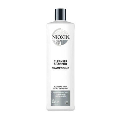 Nioxin Cleanser Shampoo System 1 for fine hair with light thinning, detoxifying formula, 500ml bottle.