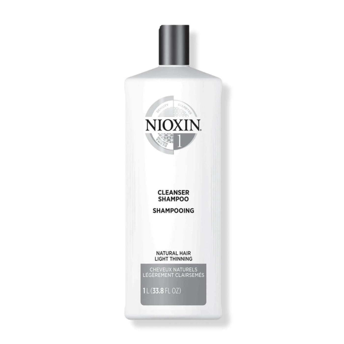 Nioxin Cleanser Shampoo System 1 for fine, thin natural hair in a 1L bottle, detoxifying for healthy growth and volume.