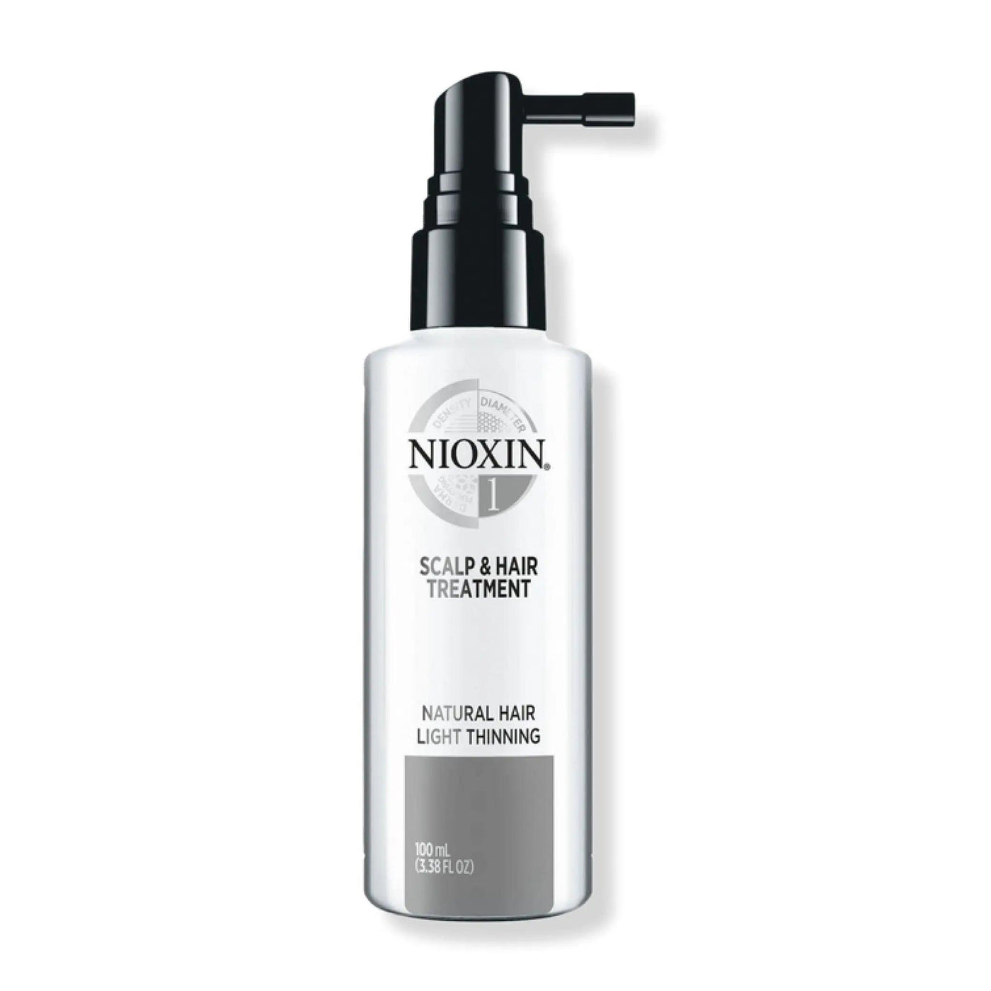 Nioxin System 1 scalp and hair treatment for fine hair with light thinning, 100 ml volumizing leave-in treatment.