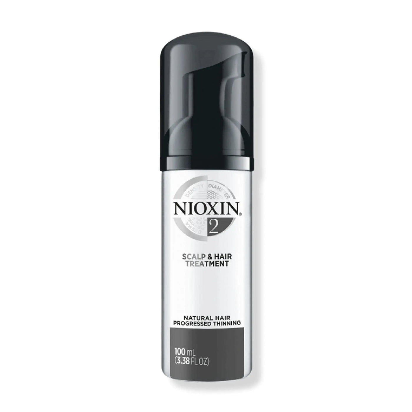 Nioxin System 2 Scalp & Hair Leave-In Treatment for natural hair with progressed thinning, 100 mL bottle.