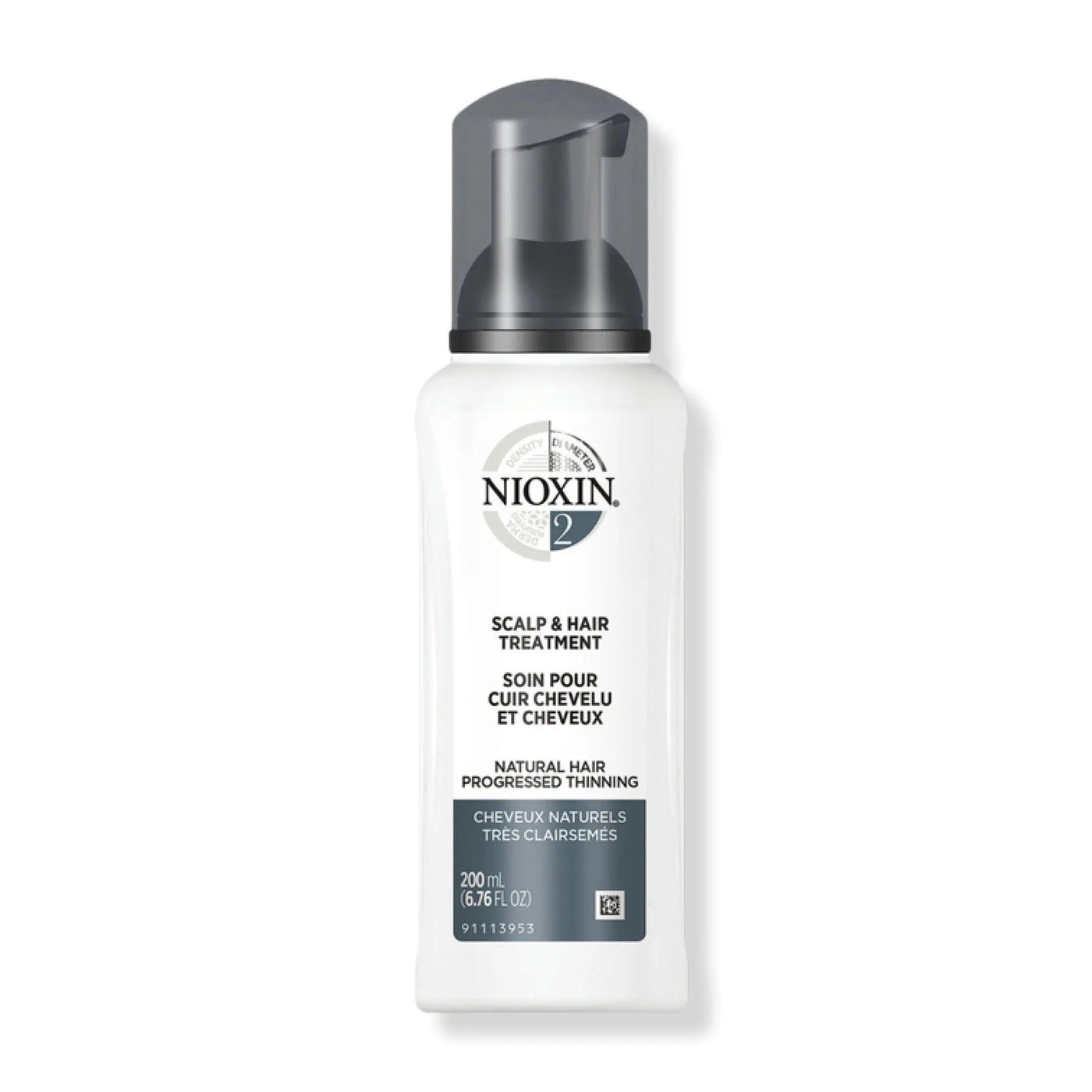 Nioxin System 2 Scalp & Hair Leave-In Treatment for fine, progressed thinning natural hair, 200 ml bottle.