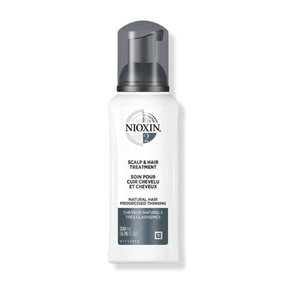 Nioxin System 2 Scalp & Hair Leave-In Treatment for fine, progressed thinning natural hair, 200 ml bottle.