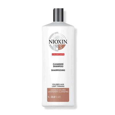Nioxin System 3 Cleanser Shampoo for fine, color-treated hair, detoxifying and removing buildup for healthy volume.
