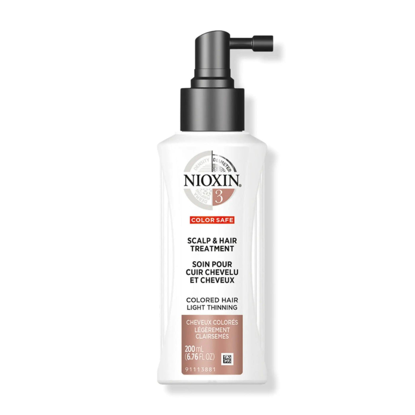Nioxin System 3 Scalp & Hair Treatment for colored hair with light thinning in a professional bottle.