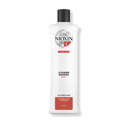 Nioxin System 4 Cleanser Shampoo for color treated hair, detoxifying formula for progressed thinning, 300ml bottle.