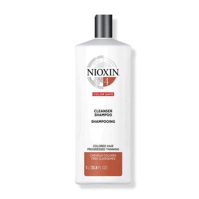 Nioxin System 4 Cleanser Shampoo for color treated hair, detoxifying formula for progressed thinning, 33.8 fl oz bottle.