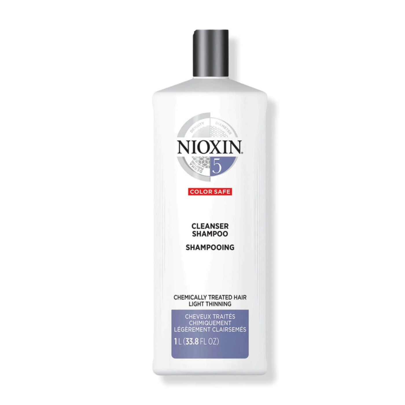 Nioxin System 5 Cleanser Shampoo 1L for chemically treated hair, detoxifies and removes buildup for fine, light thinning hair.