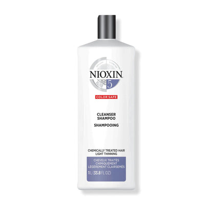 Nioxin System 5 Cleanser Shampoo 1L for chemically treated hair, detoxifies and removes buildup for fine, light thinning hair.