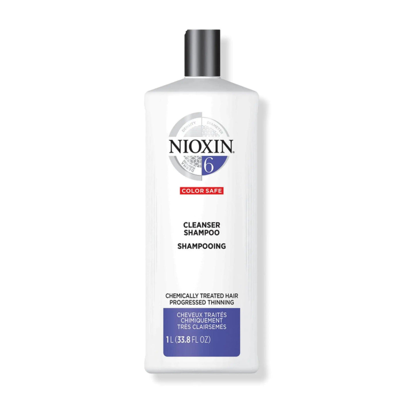 Nioxin System 6 Cleanser Shampoo for progressed thinning, chemically treated hair, detoxifies and removes buildup.