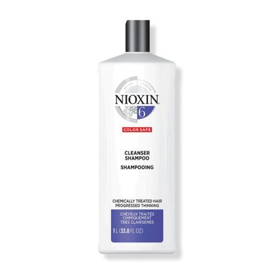 Nioxin System 6 Cleanser Shampoo for progressed thinning, chemically treated hair, detoxifies and removes buildup.