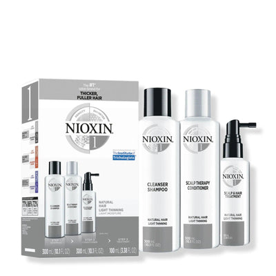 Nioxin Hair Care Kit System 1 for fine, normal to light thinning natural hair, includes shampoo, conditioner, and scalp treatment.