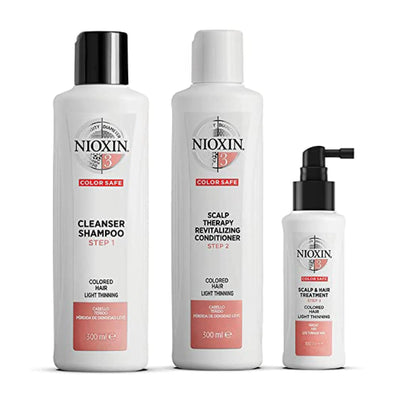Nioxin System Kit 3 for color-treated hair, includes cleanser shampoo, conditioner, and scalp treatment for light thinning.