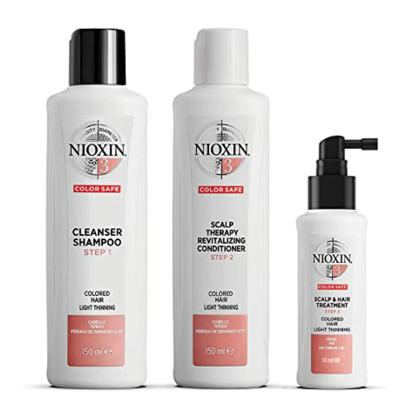 Nioxin Hair Care System 3 Kit for color-treated hair, featuring cleanser shampoo, conditioner, and scalp treatment.