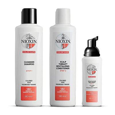 Nioxin System 4 Kit for color treated hair, featuring cleanser shampoo, conditioner, and scalp treatment for thicker hair.