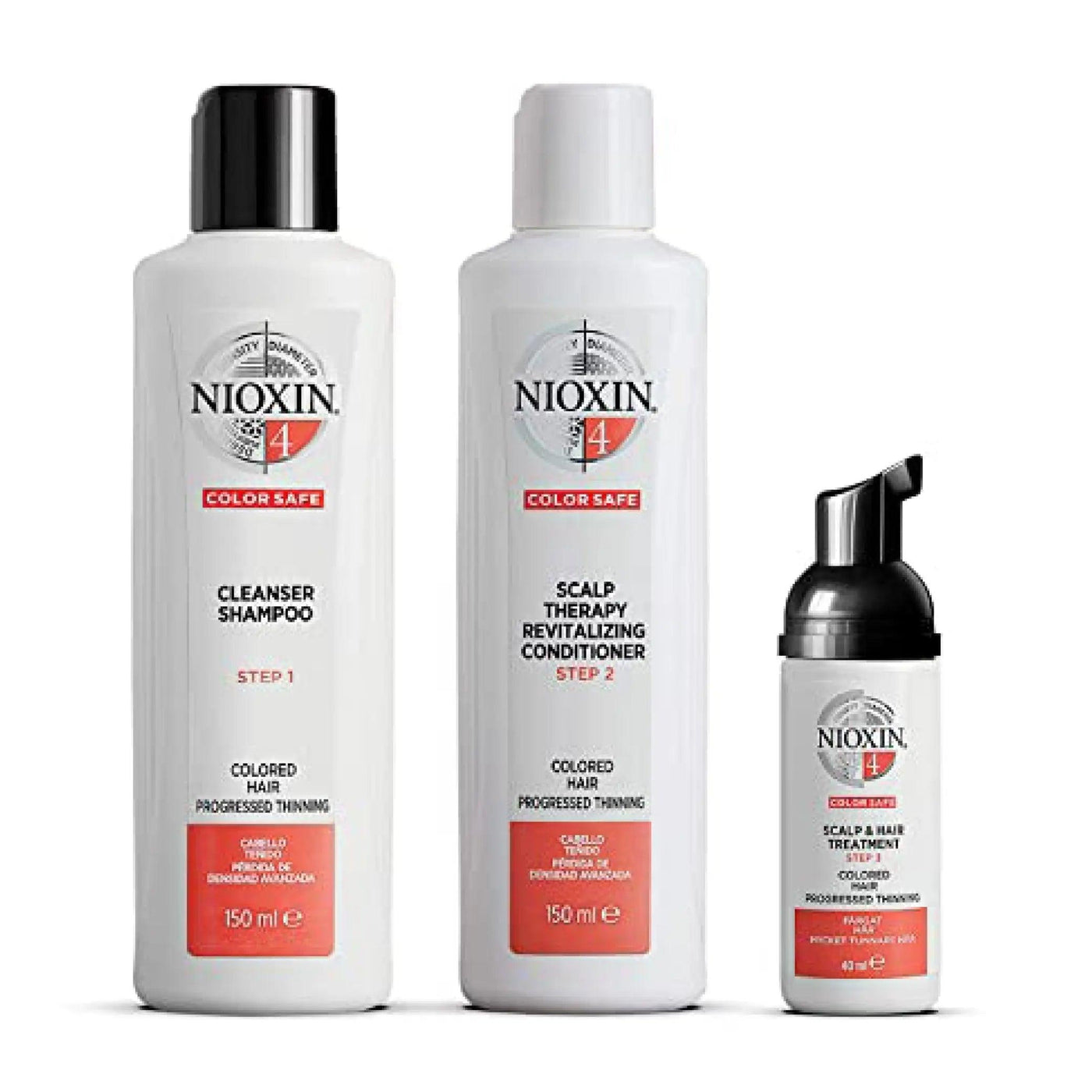 Nioxin Hair Care System 4 Kit includes cleanser shampoo, conditioner, and scalp treatment for color-treated hair.