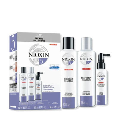 Nioxin System Kit 5 for chemically treated hair, includes cleanser shampoo, scalp therapy conditioner, scalp treatment.