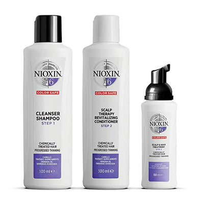 Nioxin Hair Care System 6 Kit for chemically treated hair, featuring cleanser shampoo, conditioner, and scalp treatment for thinning hair.
