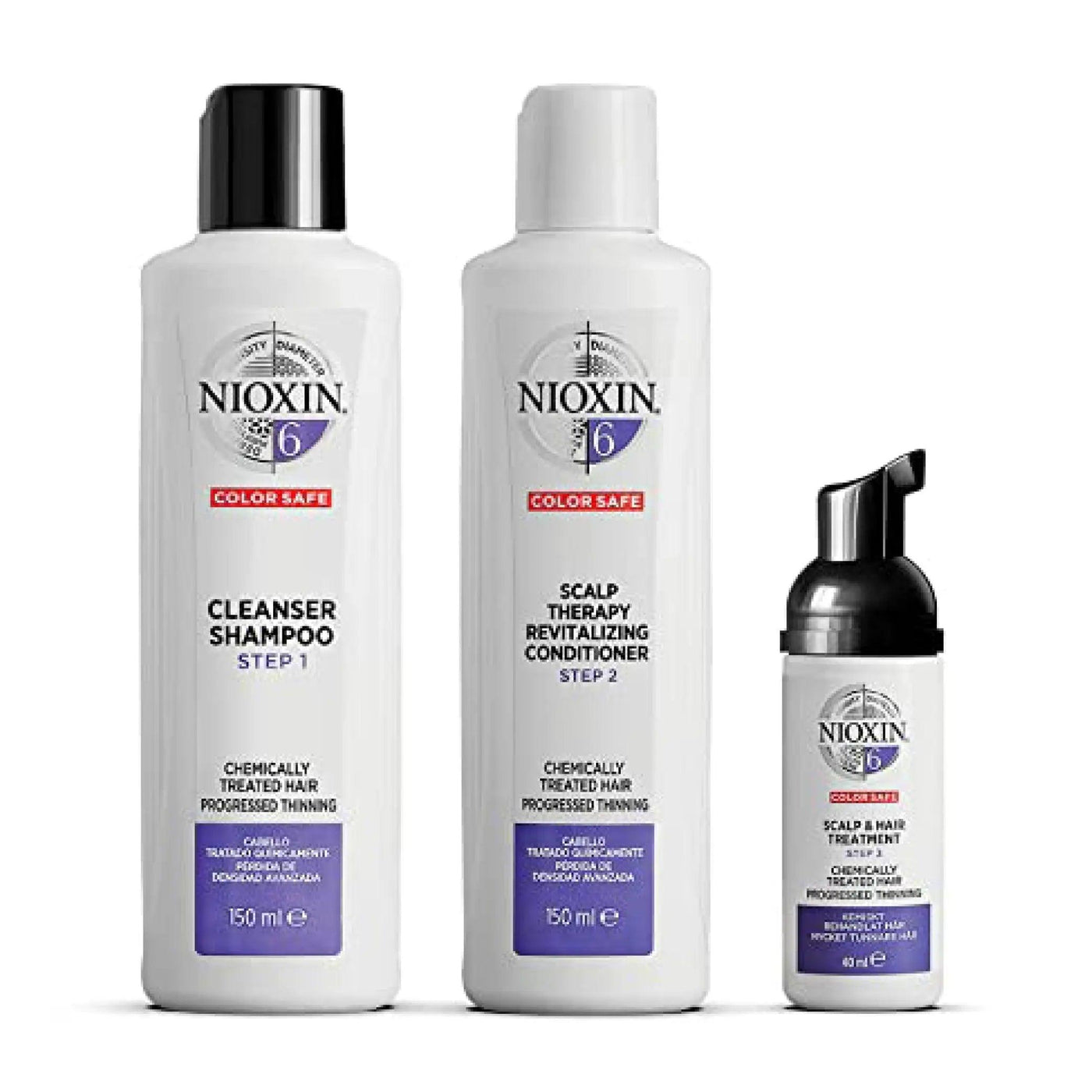 Nioxin System Kit 6 with cleanser shampoo, conditioner, and scalp treatment for chemically treated hair with thinning.