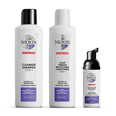 Nioxin System Kit 6 with cleanser shampoo, conditioner, and scalp treatment for chemically treated hair with thinning.
