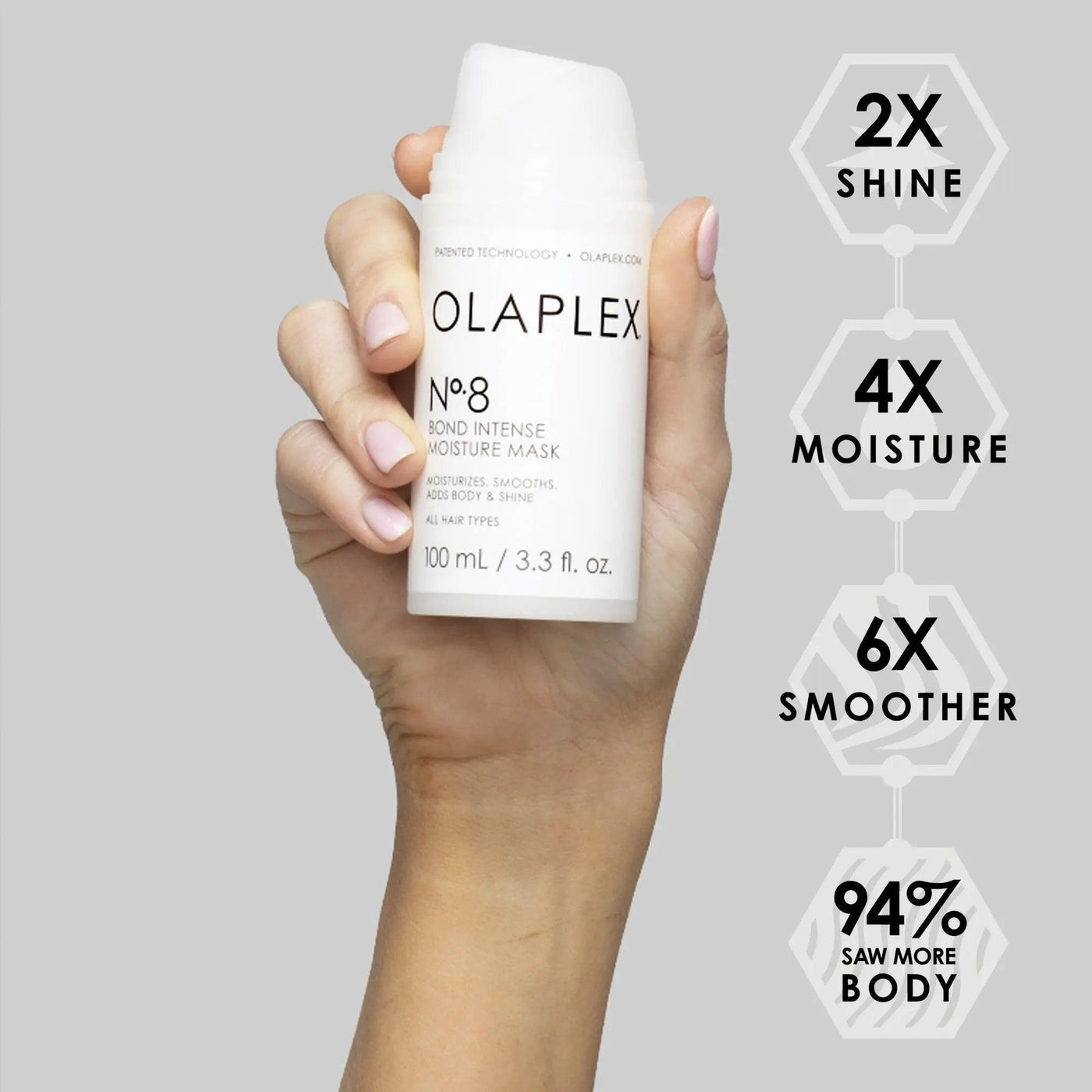 OLAPLEX No.8 Bond Intense Moisture Mask showcasing 2x shine, 4x moisture, and 6x smoother results in hand.