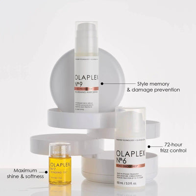 OLAPLEX haircare products featuring No.9 Nourishing Hair Serum and No.6 Bond Smoother for shine, softness, and frizz control.