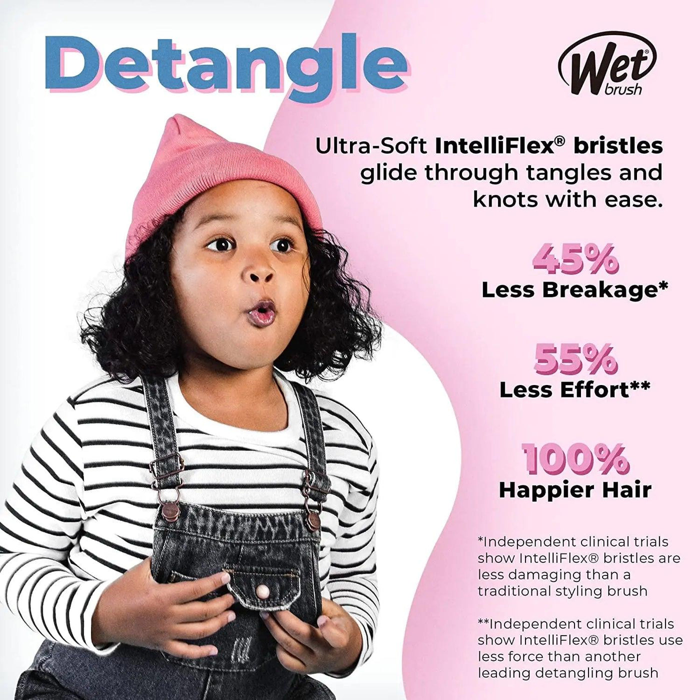 Child enjoying pain-free detangling with The Wet Brush featuring IntelliFlex bristles for healthy, happy hair.