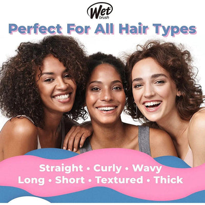 Three diverse women smiling together, showcasing The Wet Brush's versatility for all hair types: straight, curly, wavy, and thick.