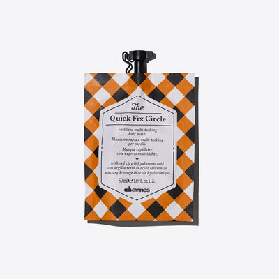 Davines The Quick Fix Circle multi-tasking hair mask packet, regenerating formula for soft, silky hair in just 3 minutes.