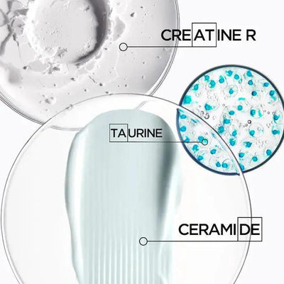 Skincare ingredients creatine, taurine, and ceramide in close-up detail circles to enhance skin health and hydration.