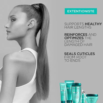 Woman with long healthy hair using Extentioniste hair products for length reinforcement and cuticle sealing.