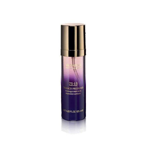 75-15 Precious Lotion with blueberry water, amethyst, and hyaluronic acid in a sleek bottle, promoting fresh skin and hydration.